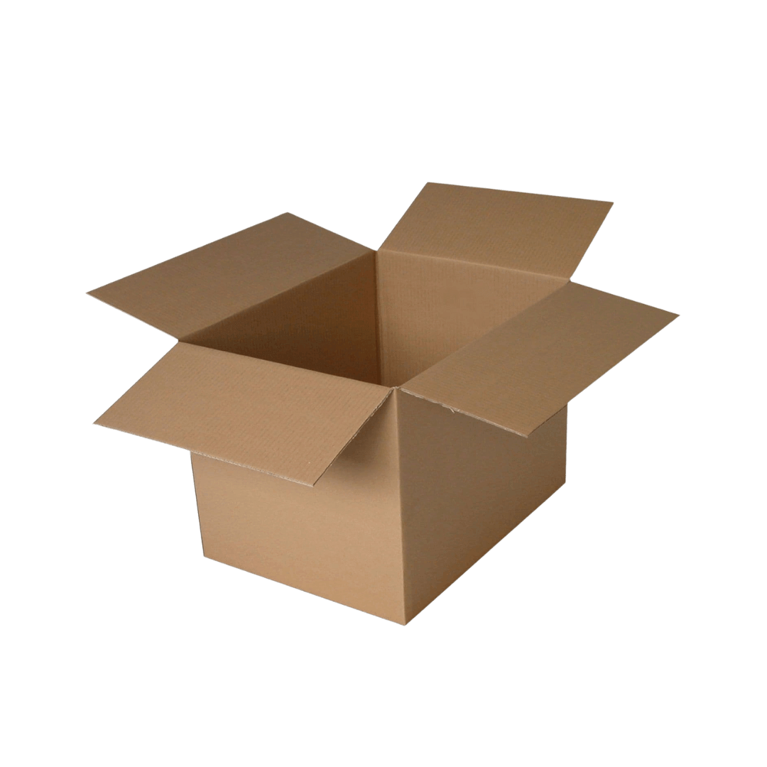 Erected cardboard box with lid flaps open