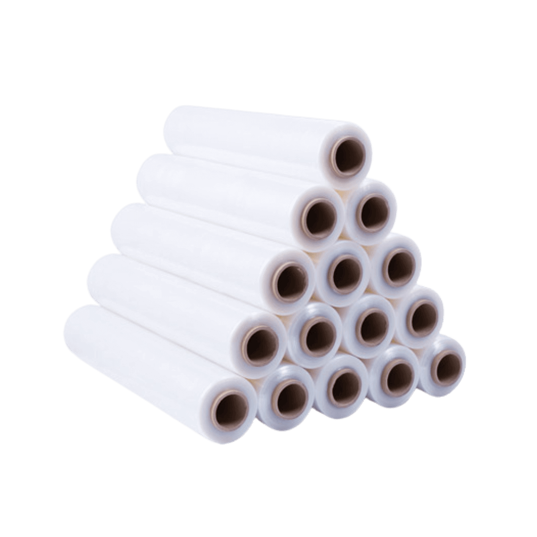 Rolls of polythene wrap stacked in pyramid formation